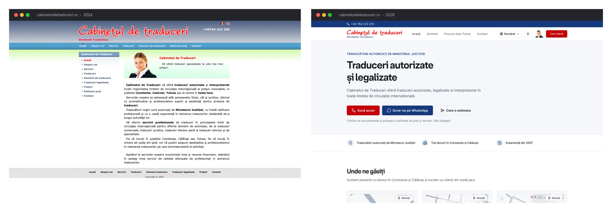 Comparație desktop: în stânga site-ul vechi, o broșură cu lățime fixă din 2010; în dreapta site-ul reconstruit, modern și clar.
