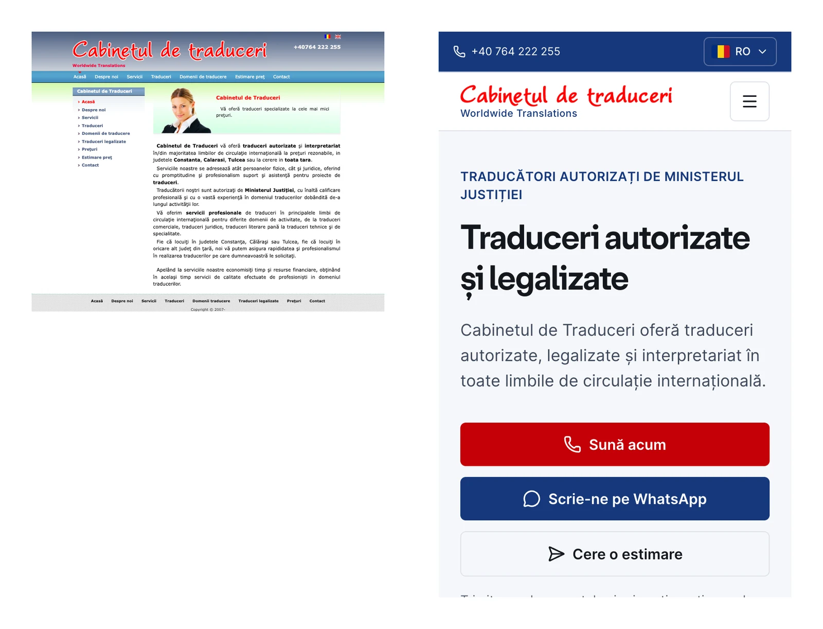 Comparație pe telefon: în stânga site-ul vechi înghesuit și ilizibil, în dreapta noul site mobile-first cu butoane mari.